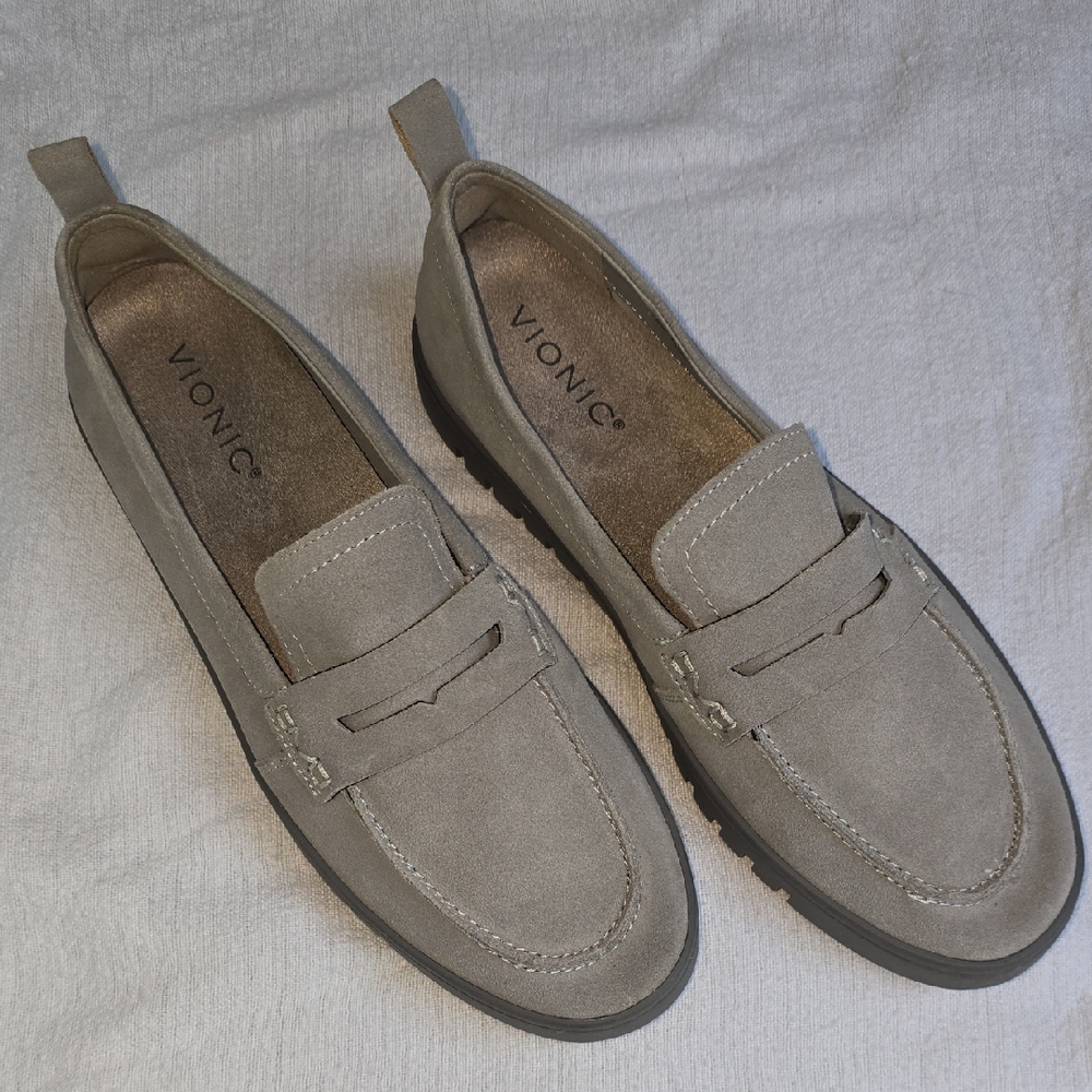 Vionic Women's Suede Slip-On Loafers in Light Gray 9.5